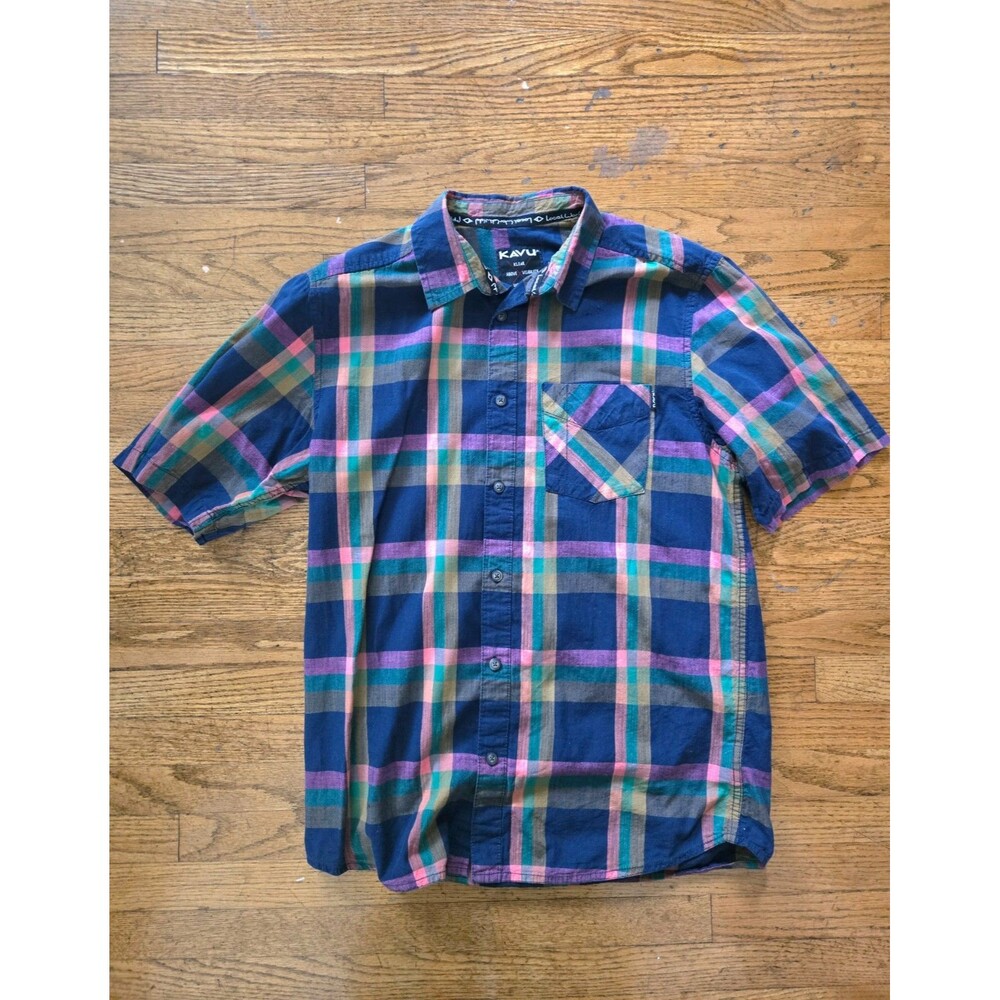 Kavu Men's Short Sleeve Button-Up Shirt Striped Multicolor Shirt Size Medium